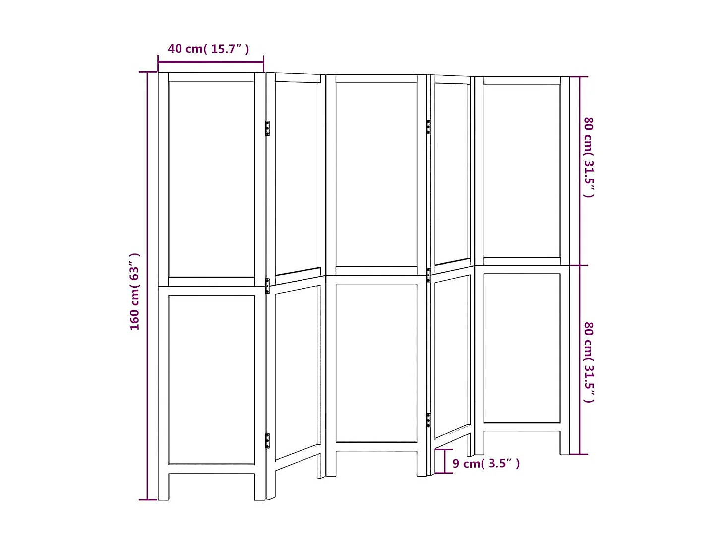 Parete divisoria a 5 pannelli in legno massello di paulonia bianco