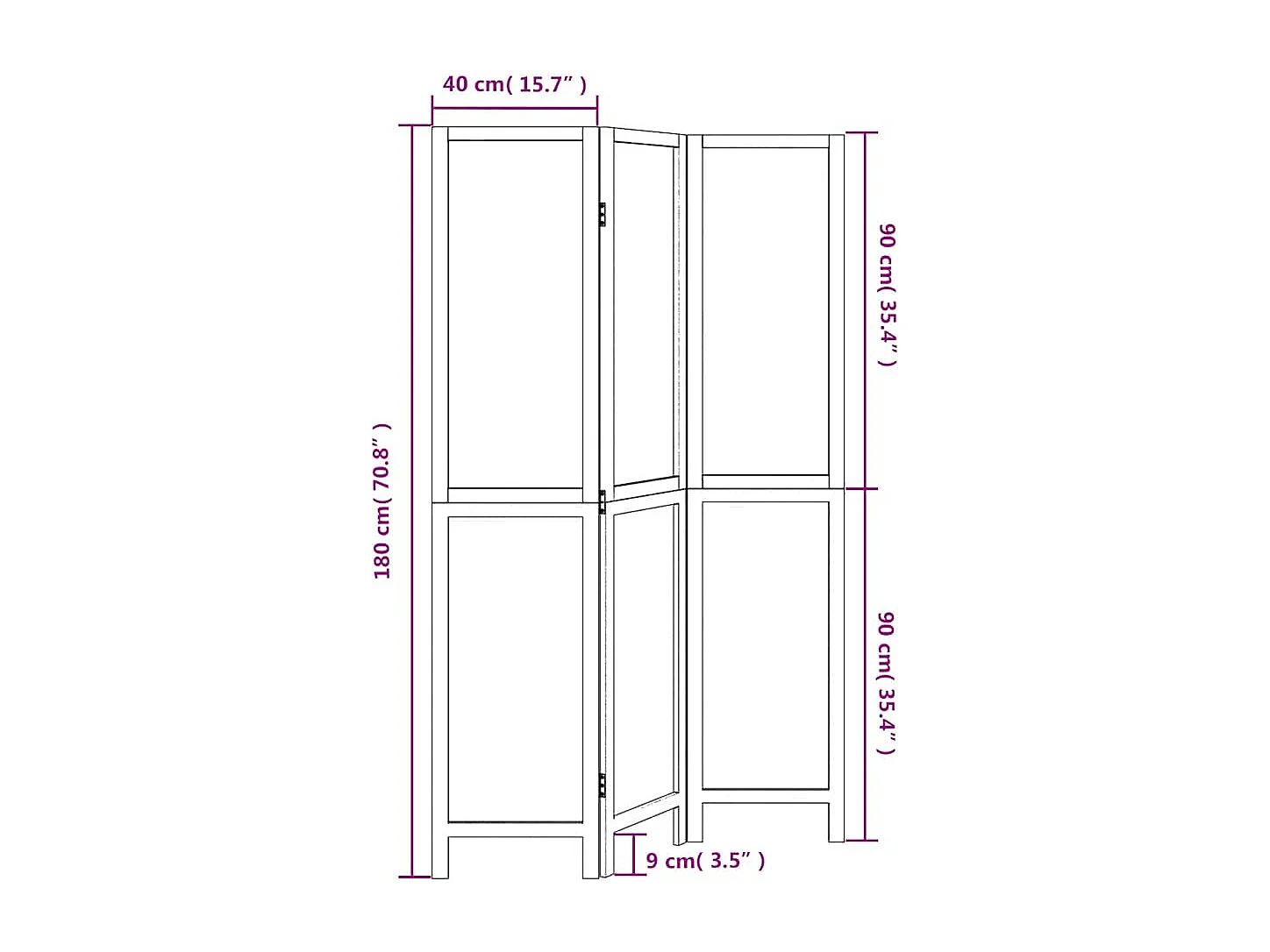Tabique divisorio de 3 paneles en madera maciza de paulownia blanca