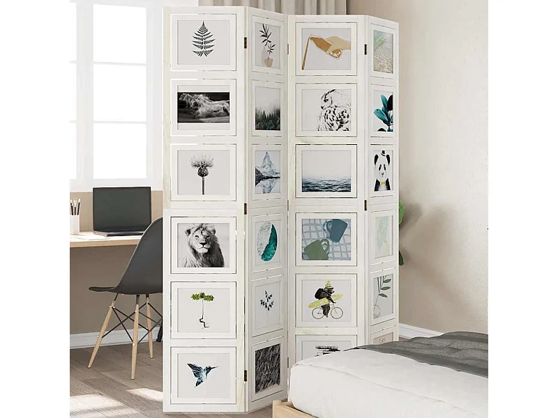 4-delige scheidingswand in wit, massief paulowniahout