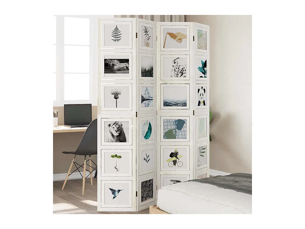 4-delige scheidingswand in wit, massief paulowniahout