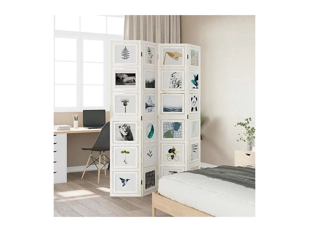 4-delige scheidingswand in wit, massief paulowniahout