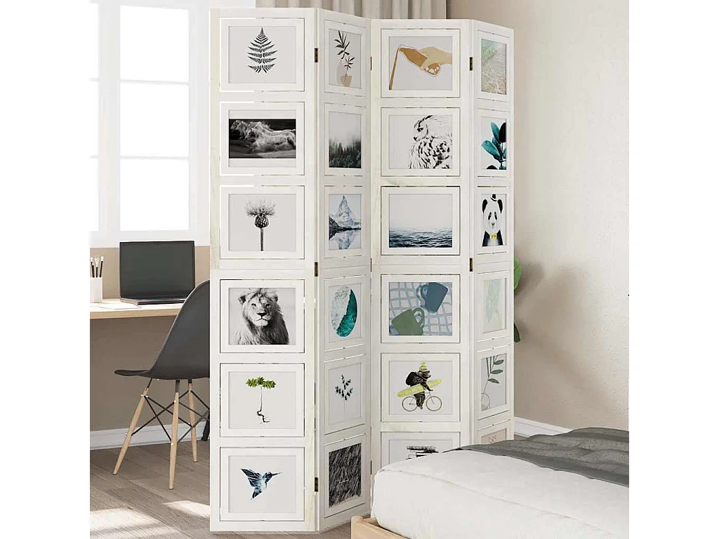 Parete divisoria a 4 pannelli in legno massello di paulonia bianco