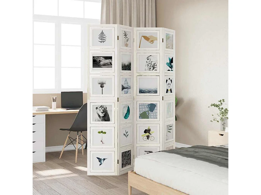 Parete divisoria a 4 pannelli in legno massello di paulonia bianco