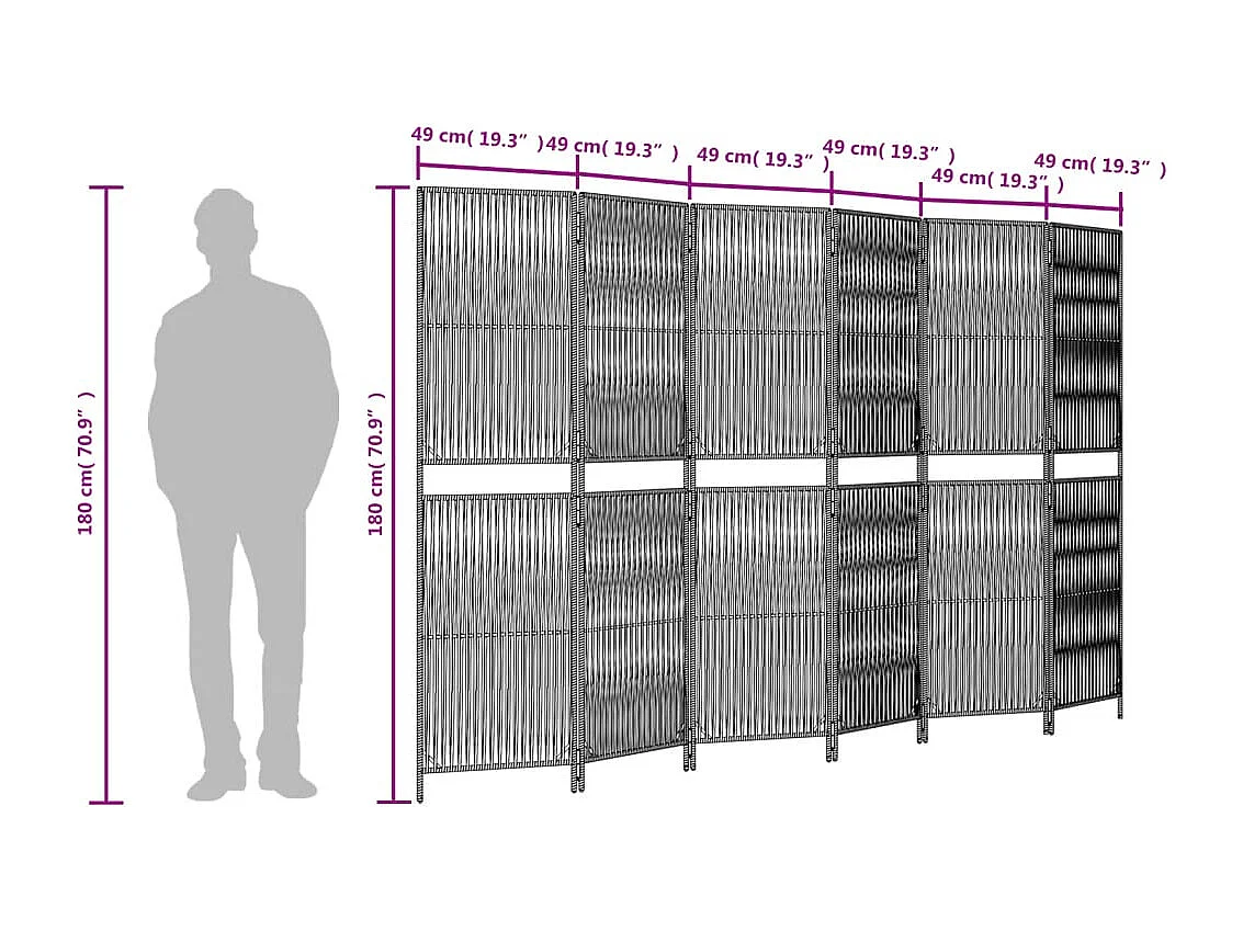 Parete divisoria in vimini di resina grigia a 6 pannelli