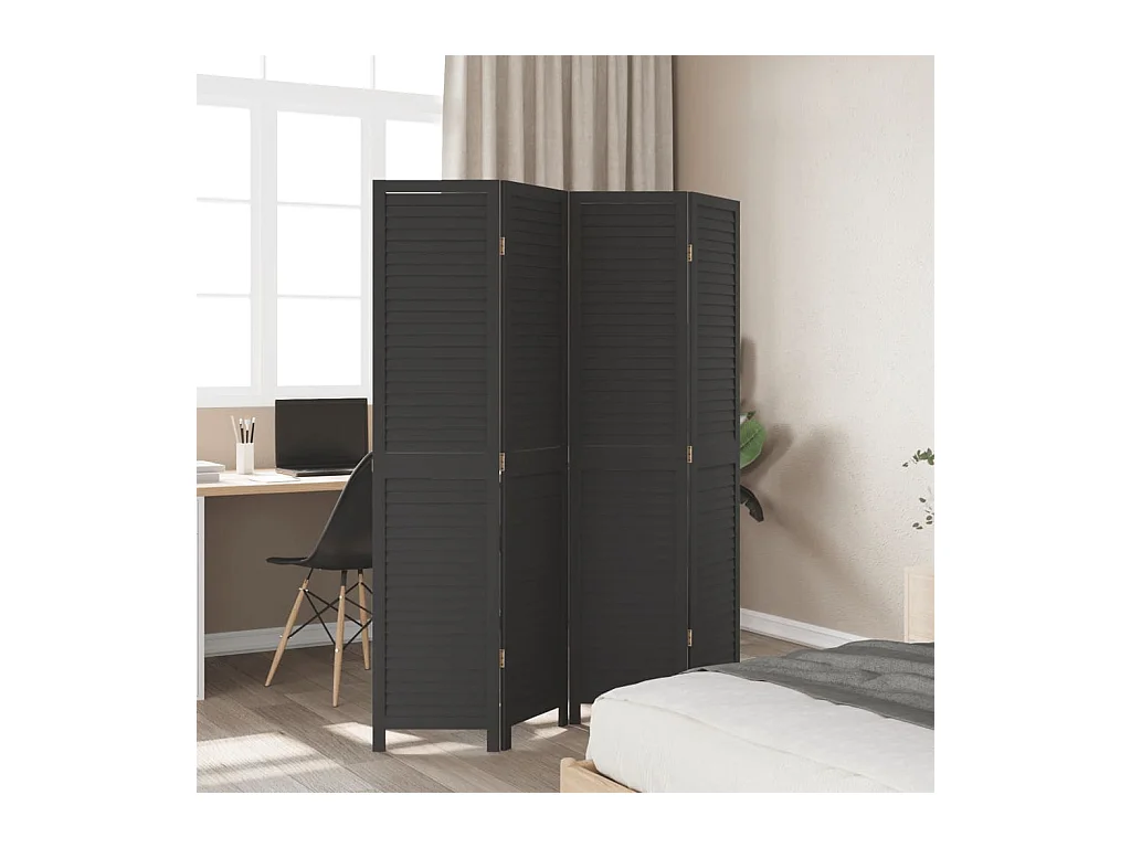 Cloison de séparation 4 panneaux noir bois de paulownia massif