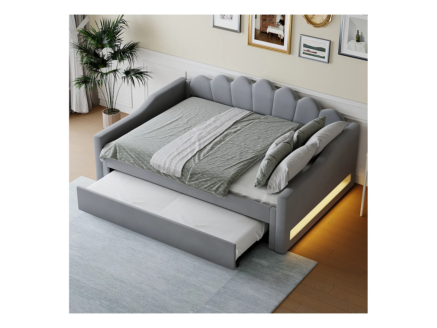 Gepolstertes Kinderschlafsofa – 140 x 200 cm – mit Ausziehbett 90 x 190 cm + LEDs – MDF – Grau