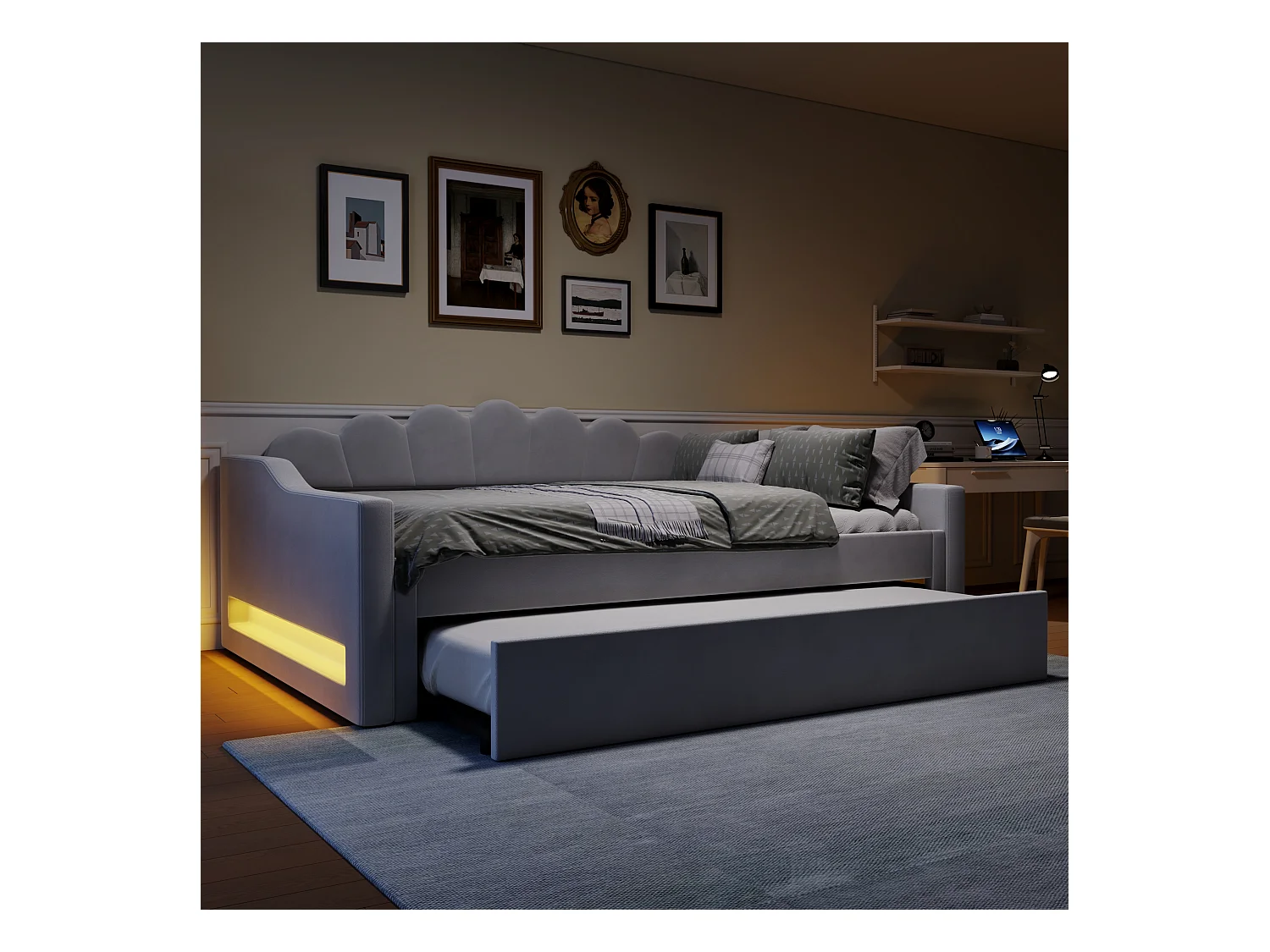 Gepolstertes Kinderschlafsofa – 140 x 200 cm – mit Ausziehbett 90 x 190 cm + LEDs – MDF – Grau