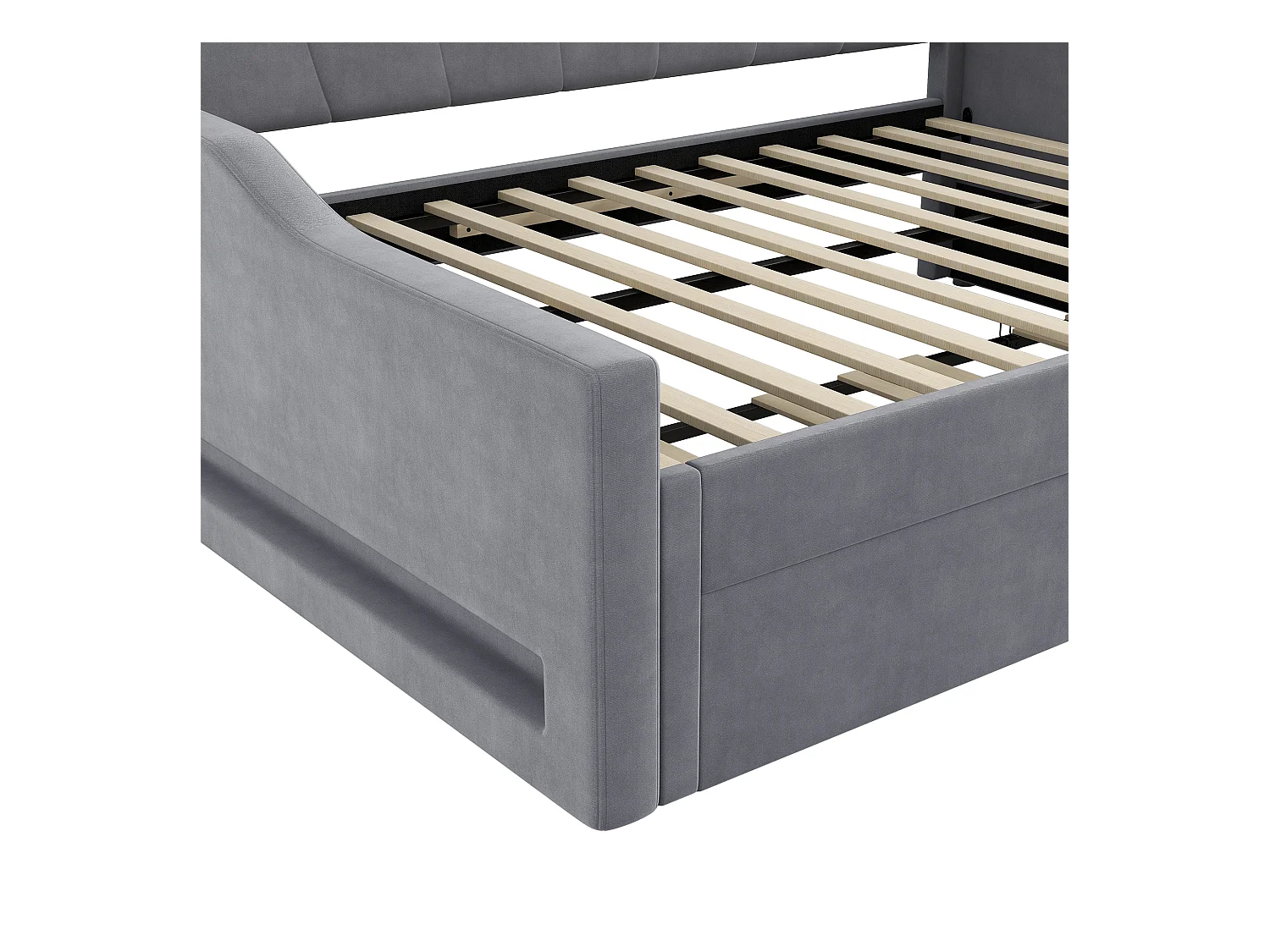 Gepolstertes Kinderschlafsofa – 140 x 200 cm – mit Ausziehbett 90 x 190 cm + LEDs – MDF – Grau