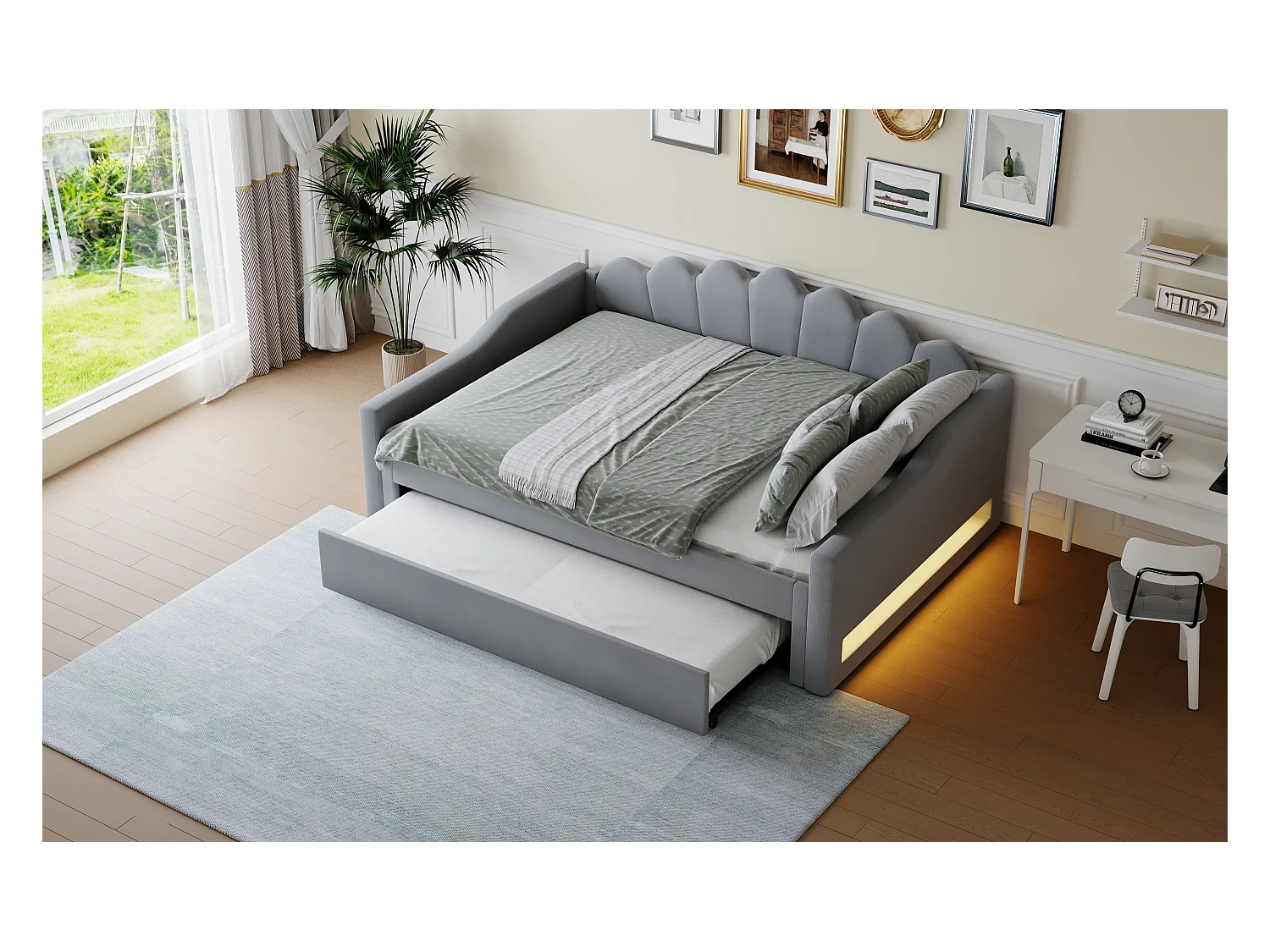 Gepolstertes Kinderschlafsofa – 140 x 200 cm – mit Ausziehbett 90 x 190 cm + LEDs – MDF – Grau