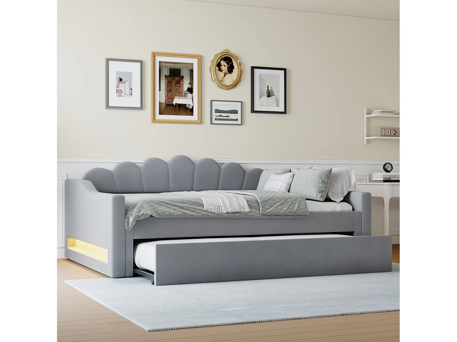 Gepolstertes Kinderschlafsofa – 140 x 200 cm – mit Ausziehbett 90 x 190 cm + LEDs – MDF – Grau