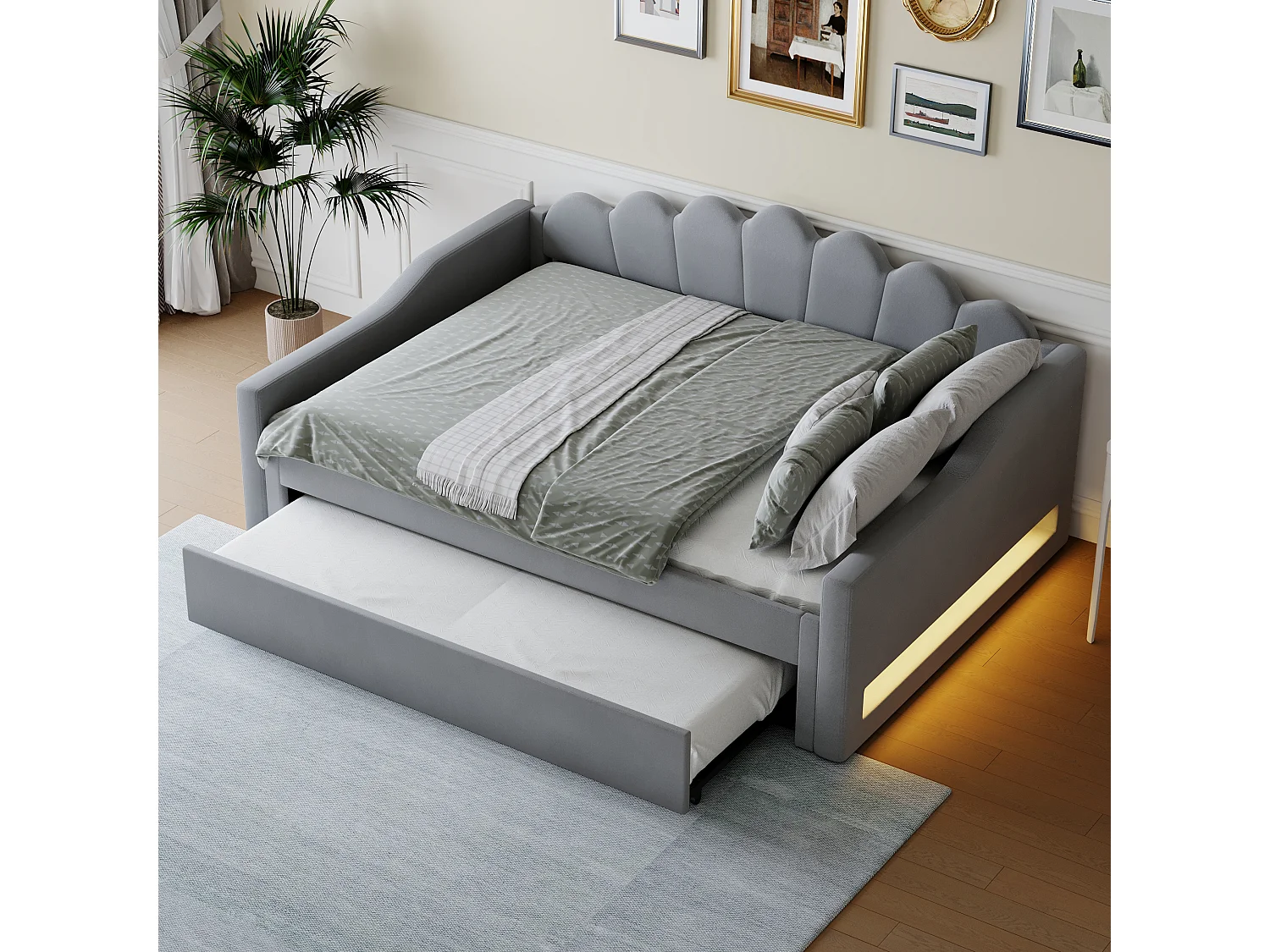 Gepolstertes Kinderschlafsofa – 140 x 200 cm – mit Ausziehbett 90 x 190 cm + LEDs – MDF – Grau