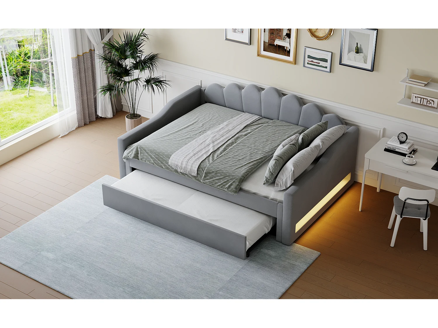 Gepolstertes Kinderschlafsofa – 140 x 200 cm – mit Ausziehbett 90 x 190 cm + LEDs – MDF – Grau