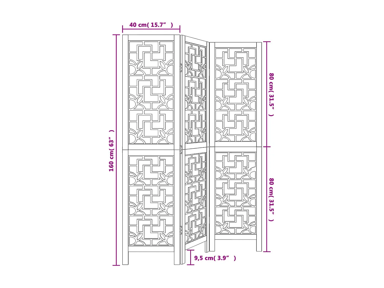 Tabique divisorio de 3 paneles en madera maciza de paulownia marrón