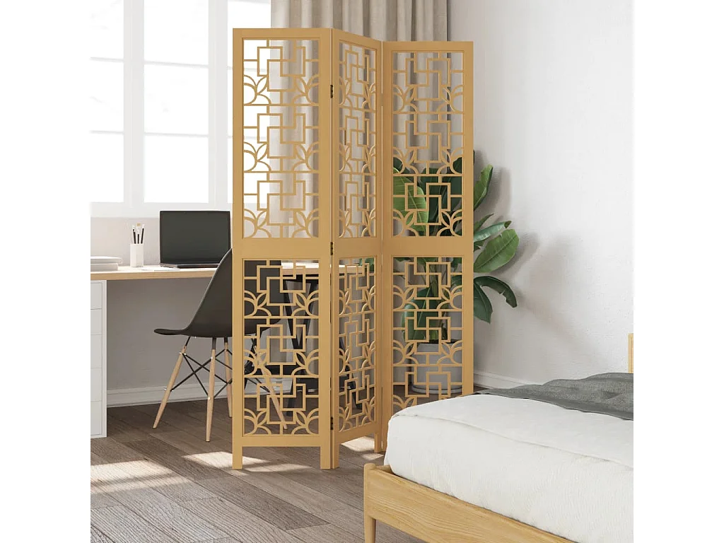 Cloison de séparation 3 panneaux marron bois paulownia massif