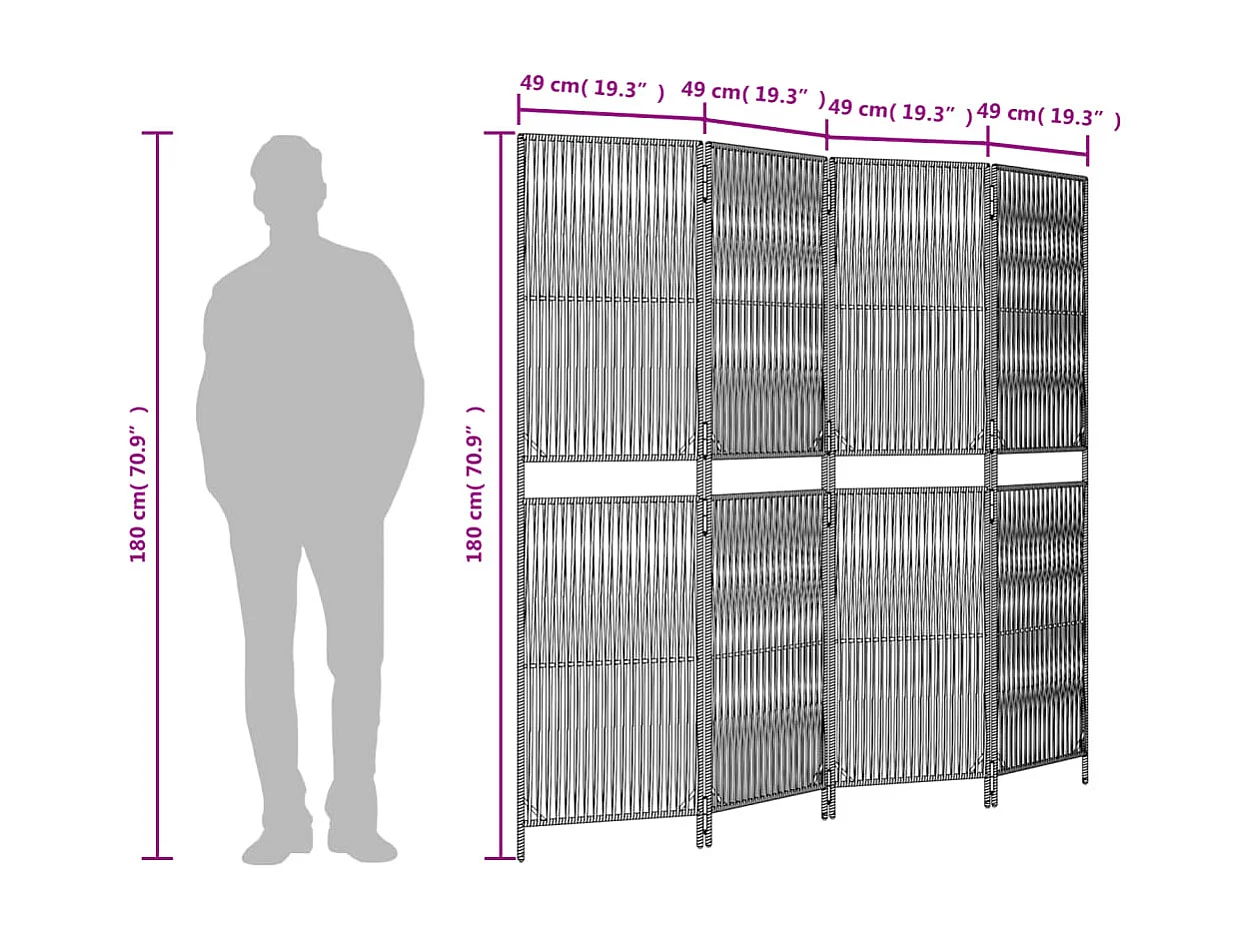 Parete divisoria in vimini di resina nera a 4 pannelli