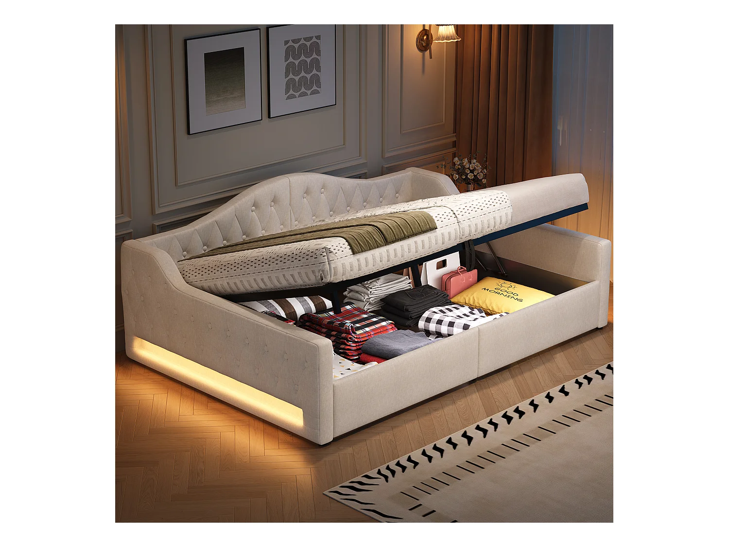 Sofá-cama infantil estofado - 140 x 200 cm - com espaço de armazenamento embaixo + LEDs - MDF - bege