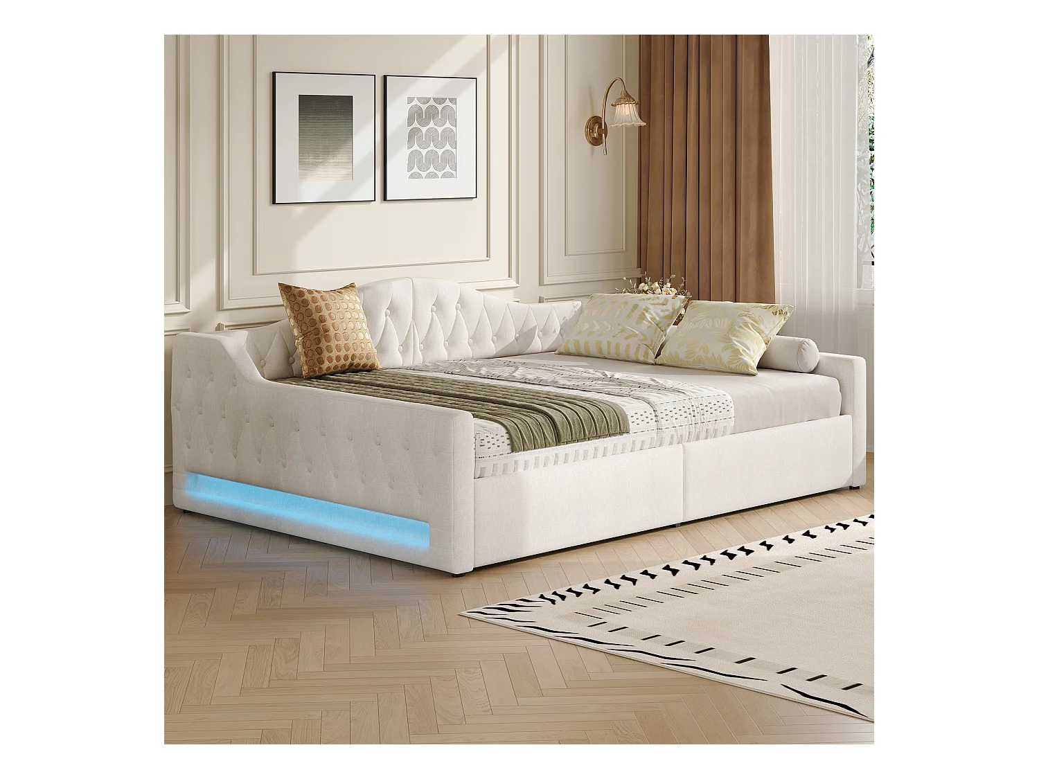 Sofá-cama infantil estofado - 140 x 200 cm - com espaço de armazenamento embaixo + LEDs - MDF - bege