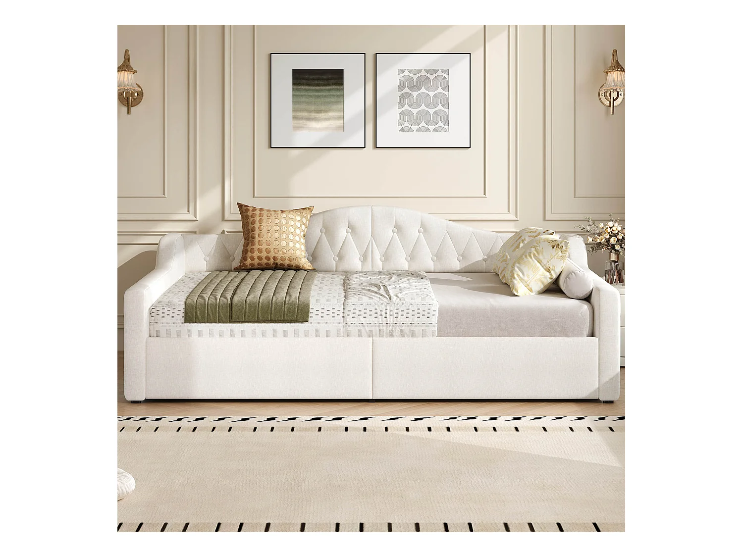 Sofá-cama infantil estofado - 140 x 200 cm - com espaço de armazenamento embaixo + LEDs - MDF - bege