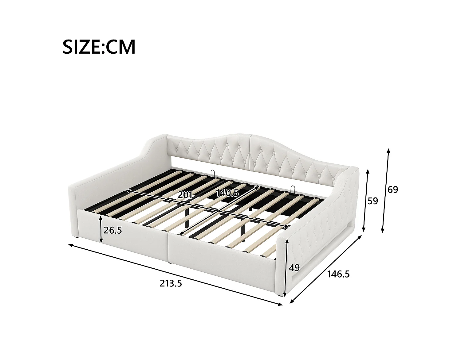 Sofá-cama infantil estofado - 140 x 200 cm - com espaço de armazenamento embaixo + LEDs - MDF - bege