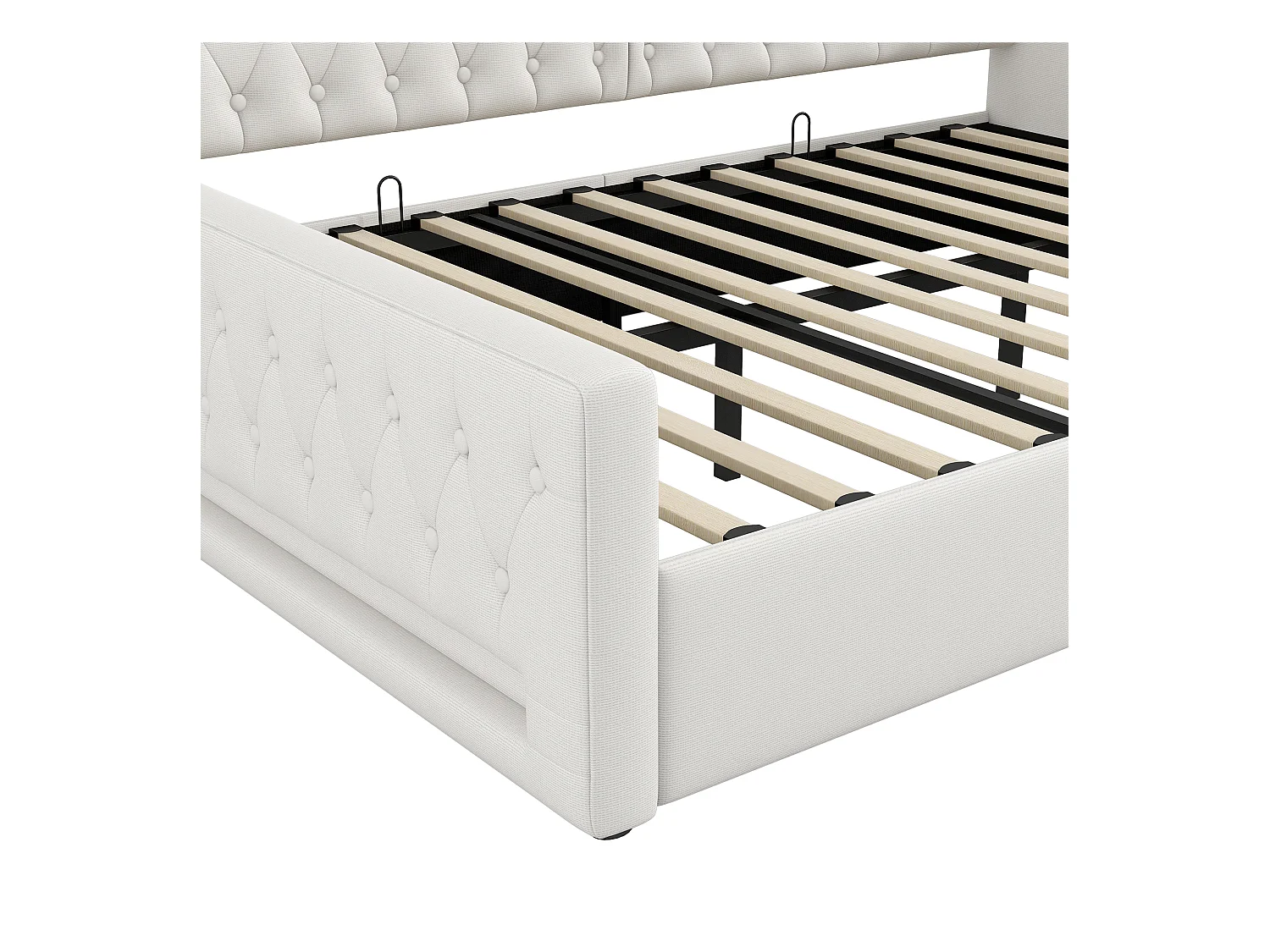 Sofá-cama infantil estofado - 140 x 200 cm - com espaço de armazenamento embaixo + LEDs - MDF - bege