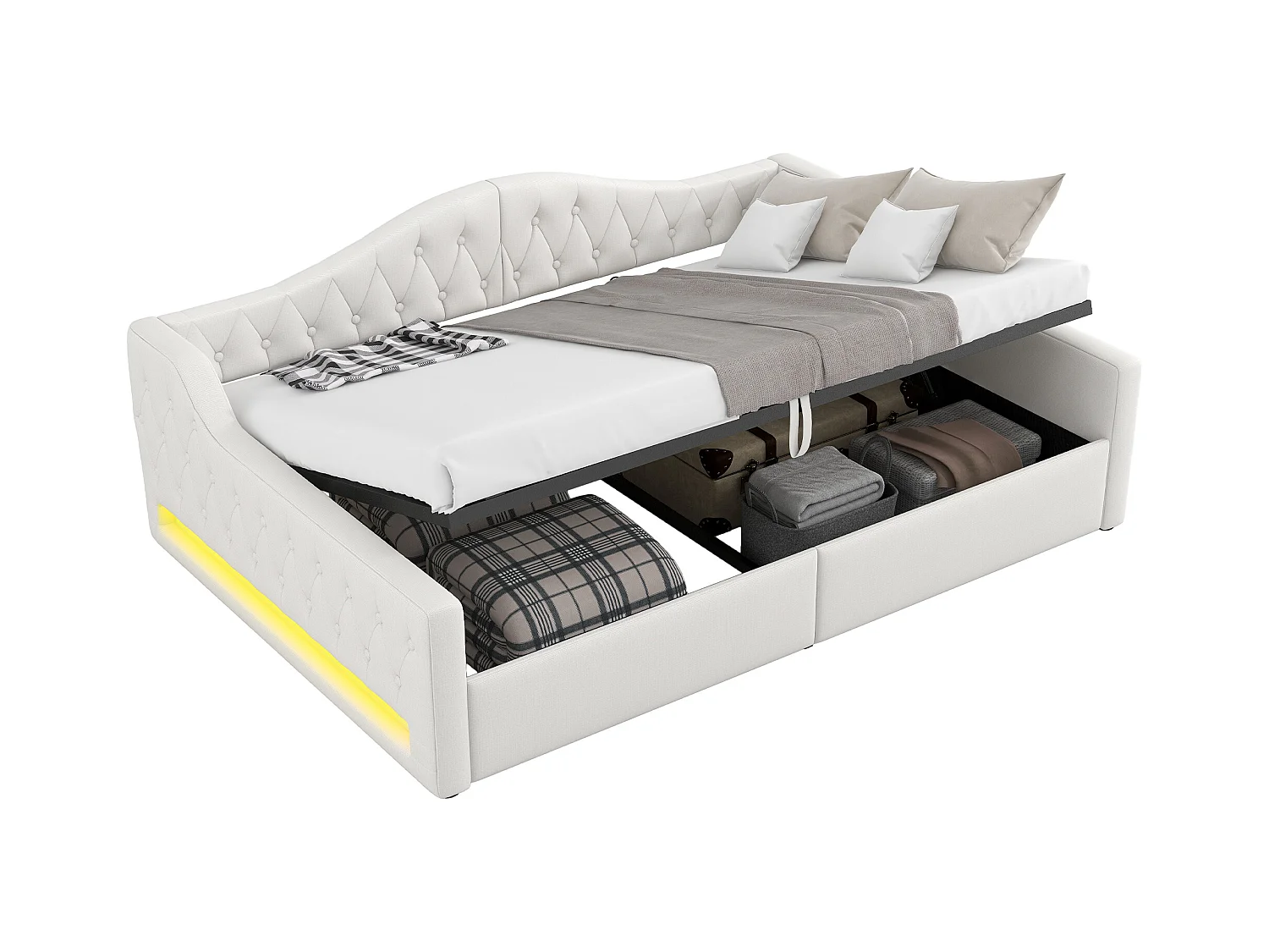 Sofá-cama infantil estofado - 140 x 200 cm - com espaço de armazenamento embaixo + LEDs - MDF - bege