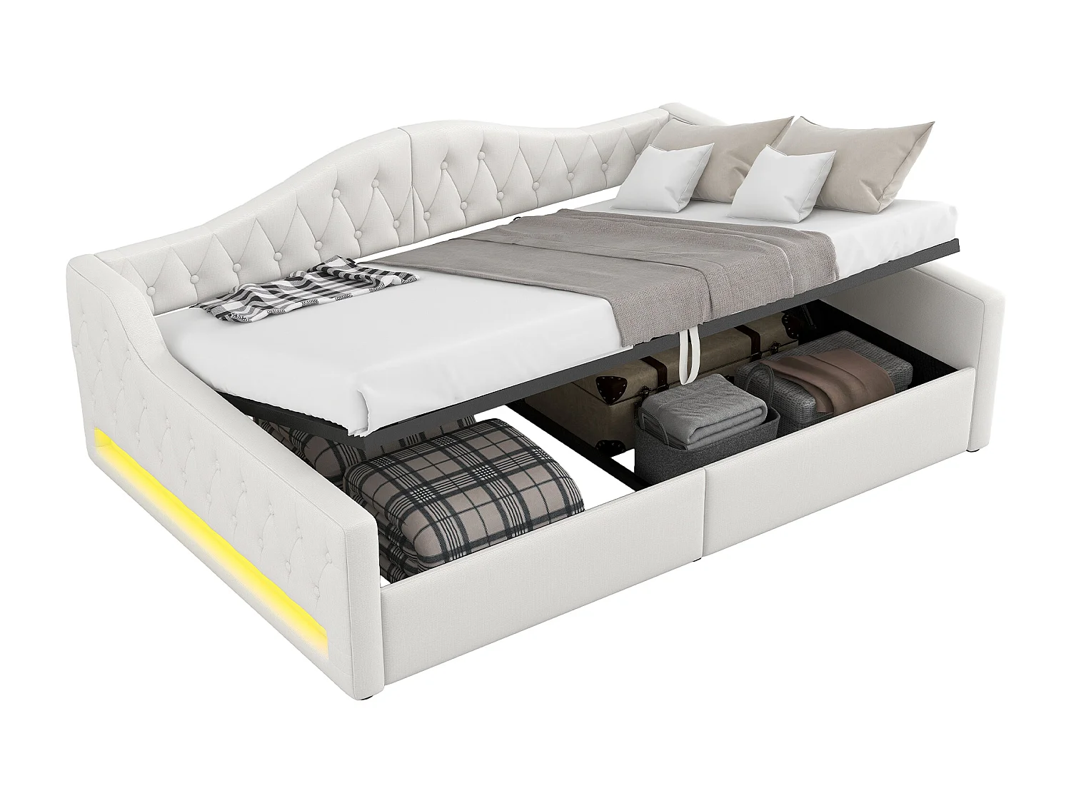 Kinder-Polsterschlafsofa – 140 x 200 cm – mit Stauraum + LEDs – MDF – beige