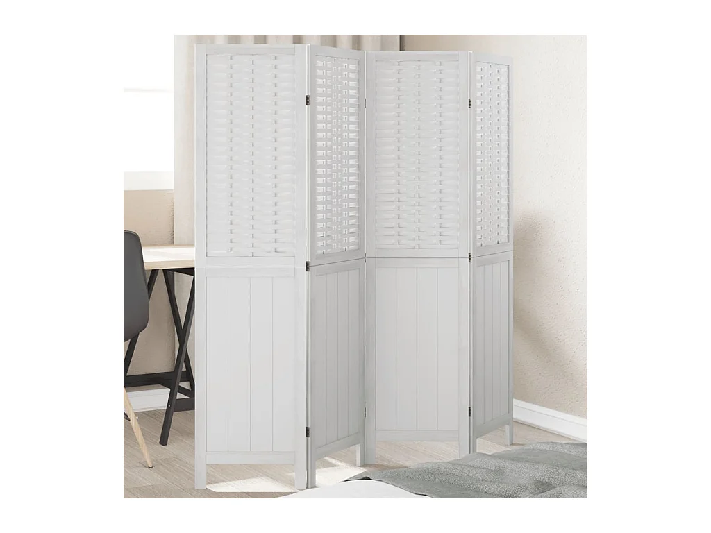 Cloison de séparation 4 panneaux blanc bois de paulownia massif