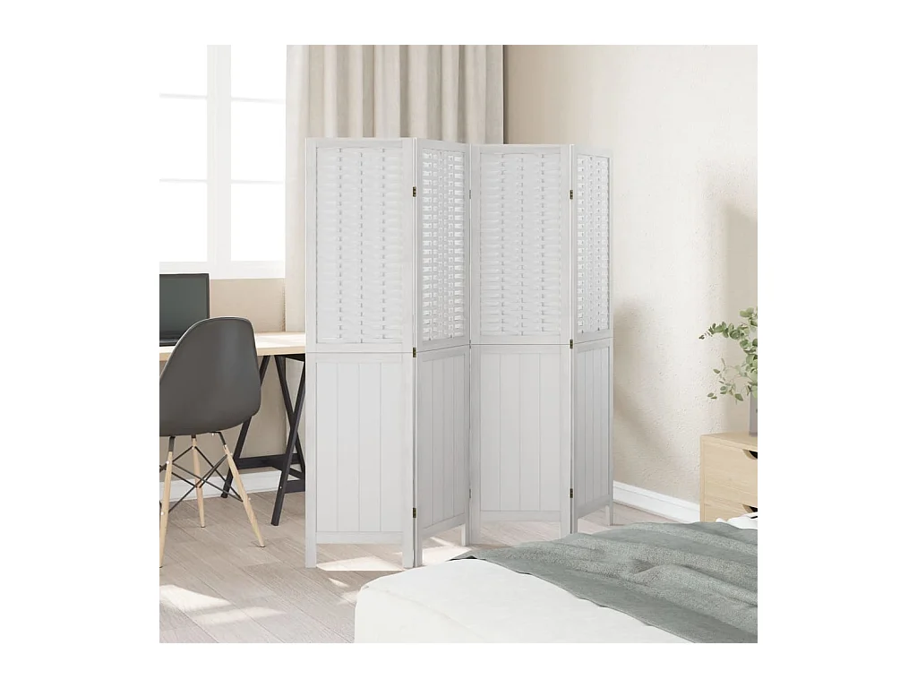 Cloison de séparation 4 panneaux blanc bois de paulownia massif