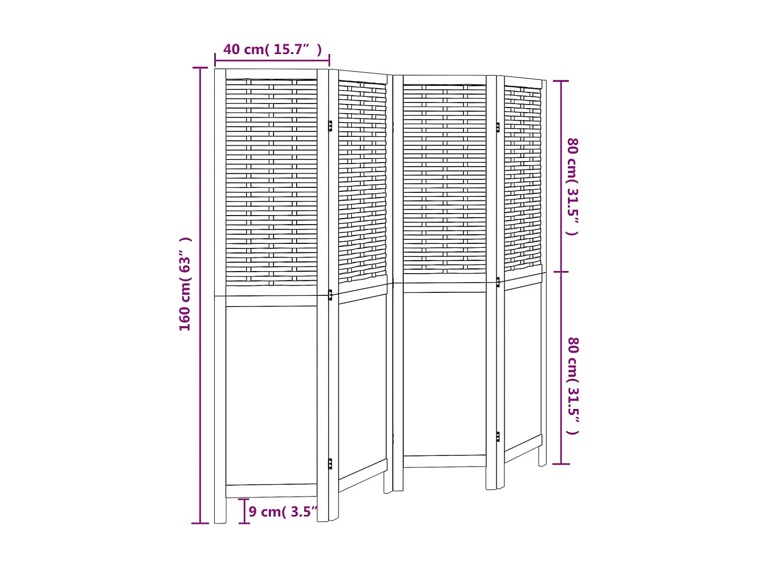 4-delige scheidingswand in wit, massief paulowniahout