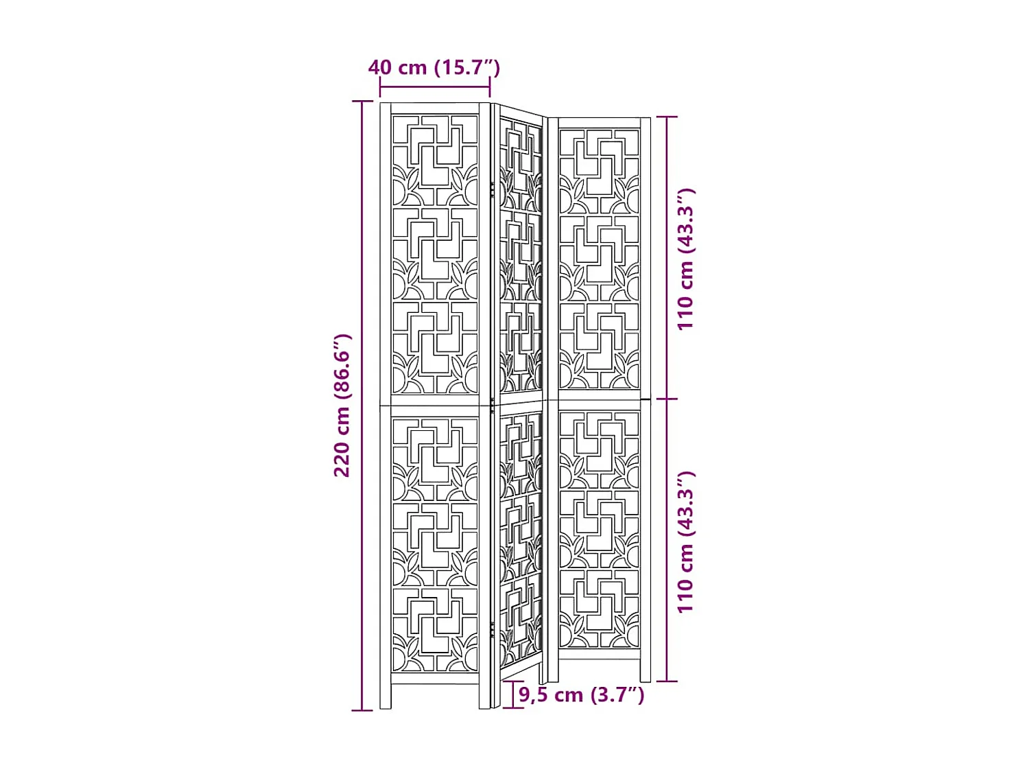 Tabique divisorio de 3 paneles en madera maciza de paulownia marrón
