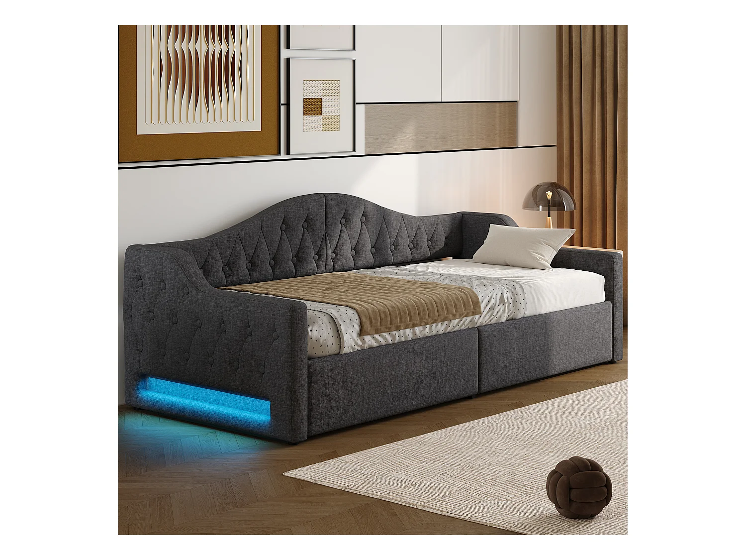 Canapé-lit rembourré pour enfant - 90 x 200 cm - avec rangement en dessous + Leds - MDF - gris