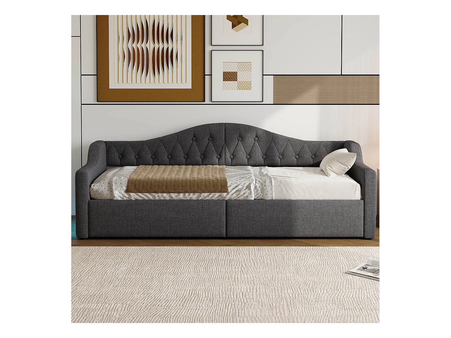 Canapé-lit rembourré pour enfant - 90 x 200 cm - avec rangement en dessous + Leds - MDF - gris