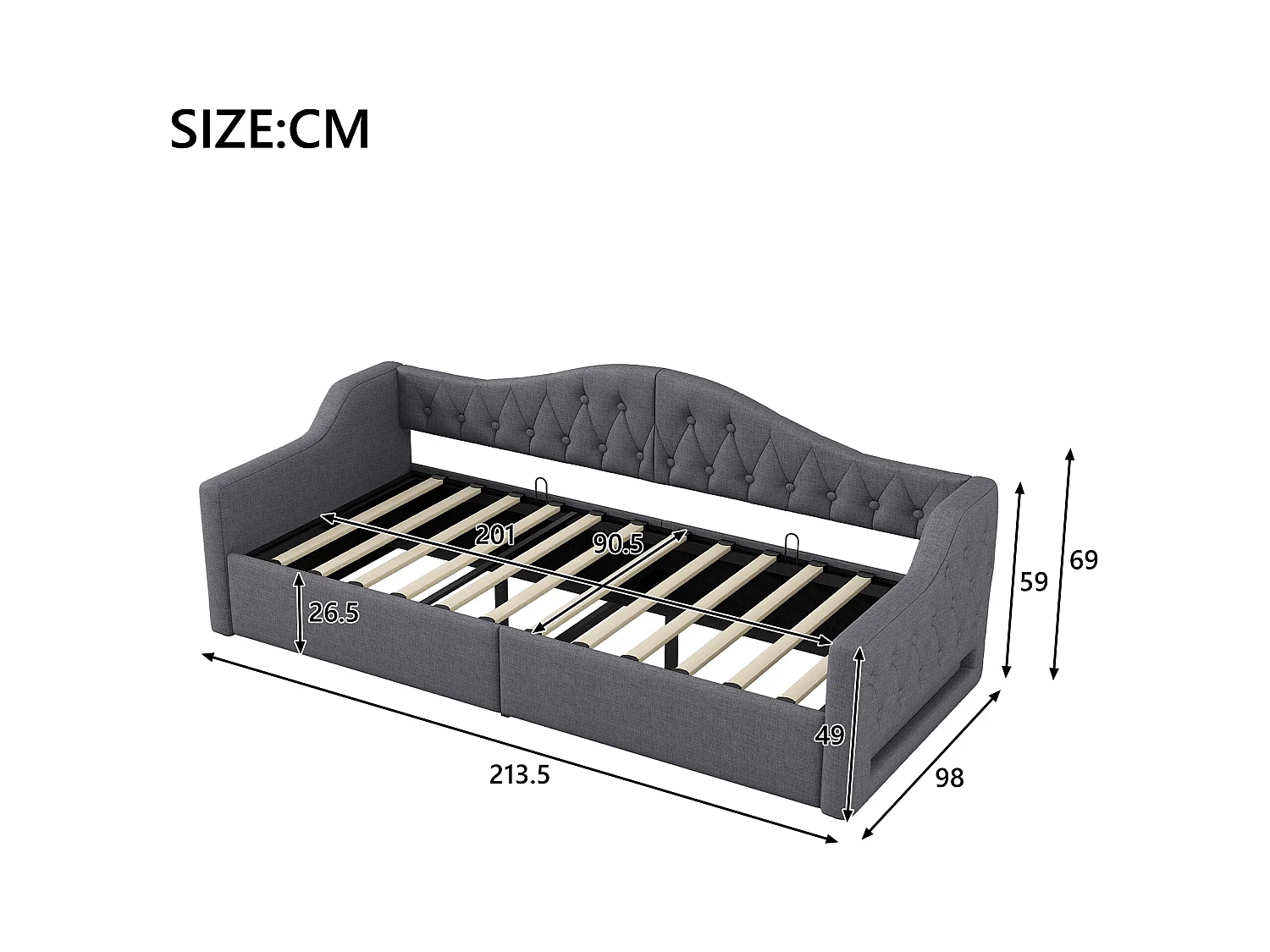 Canapé-lit rembourré pour enfant - 90 x 200 cm - avec rangement en dessous + Leds - MDF - gris