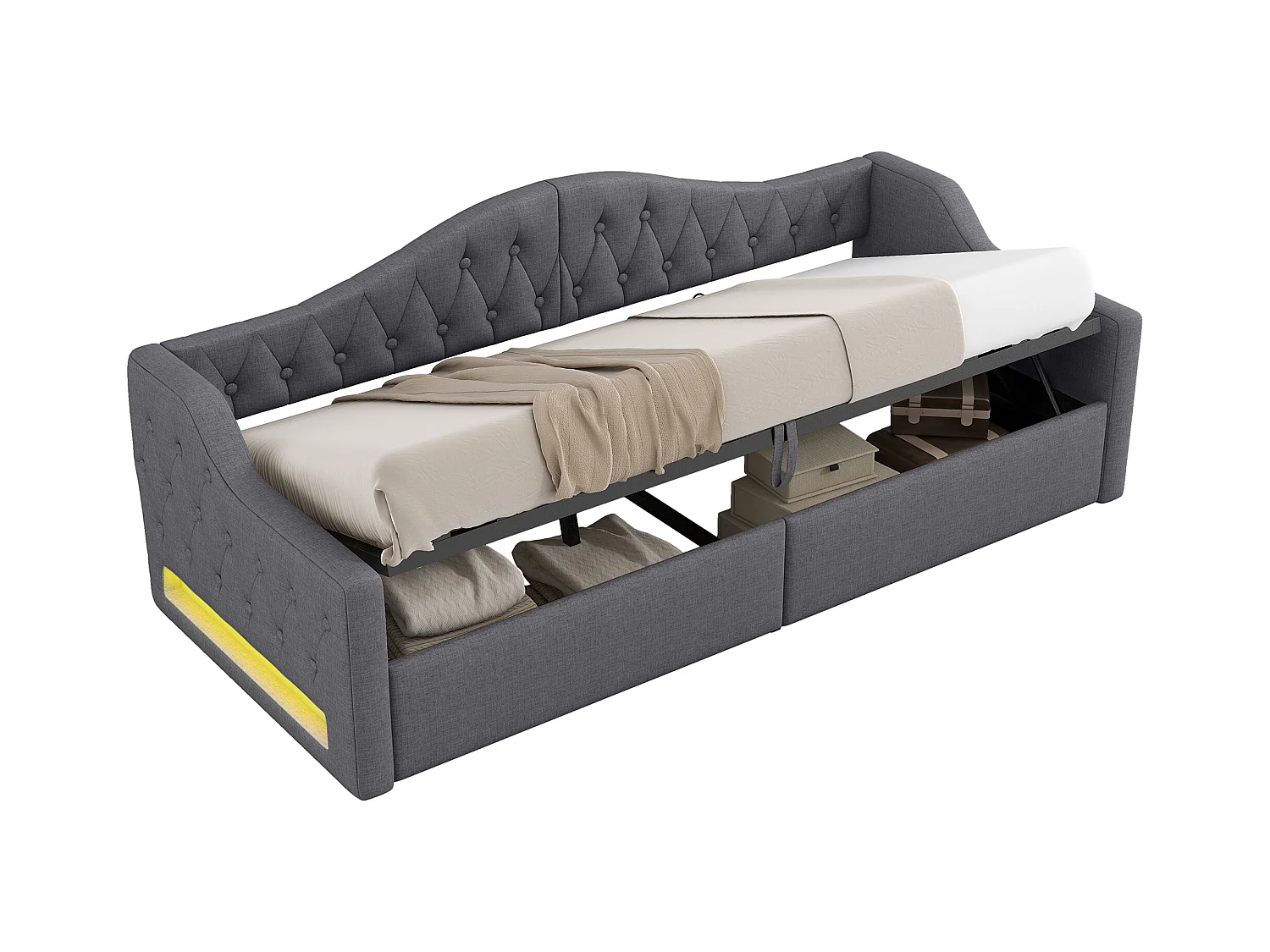 Canapé-lit rembourré pour enfant - 90 x 200 cm - avec rangement en dessous + Leds - MDF - gris