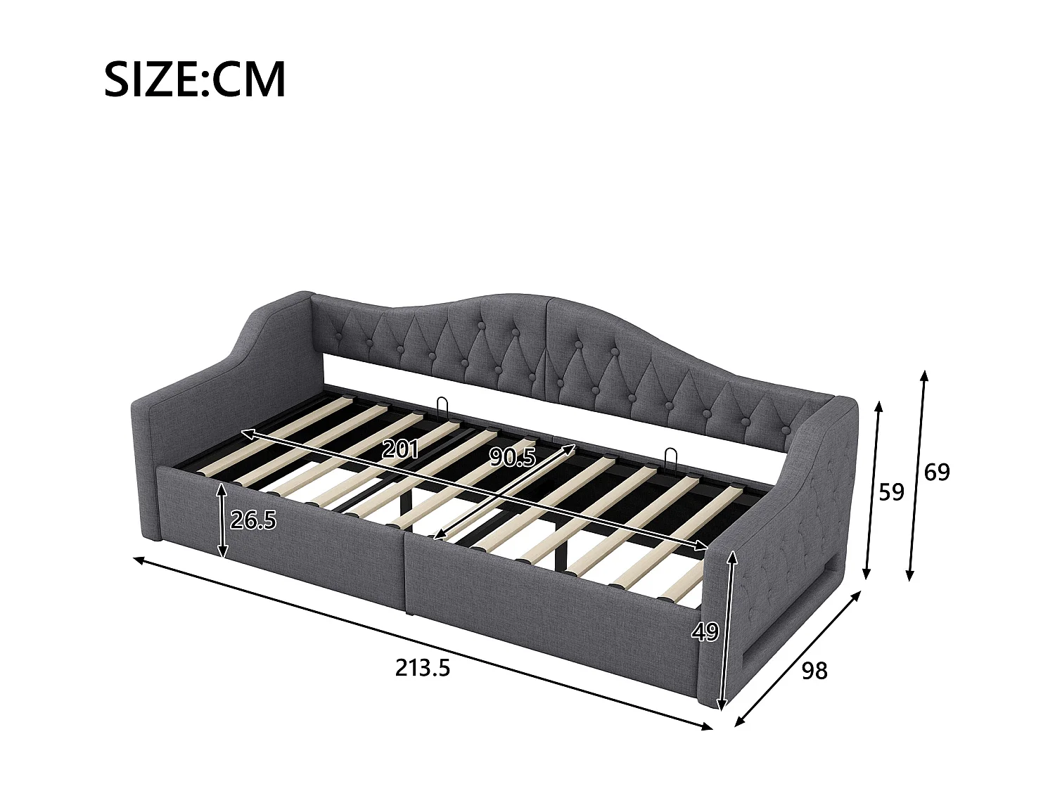 Canapé-lit rembourré pour enfant - 90 x 200 cm - avec rangement en dessous + Leds - MDF - gris