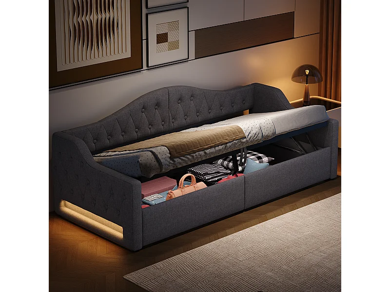 Kinder-Polsterschlafsofa – 90 x 200 cm – mit Stauraum + LEDs – MDF – grau