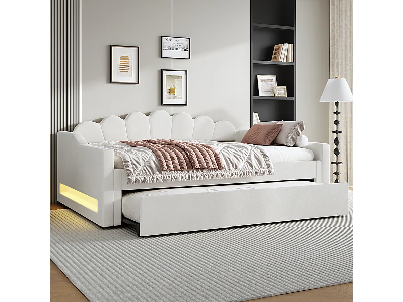 Gestoffeerde slaapbank voor kinderen - 140 x 200 cm - met uitschuifbed 90 x 190 cm + led-verlichting - MDF - beige