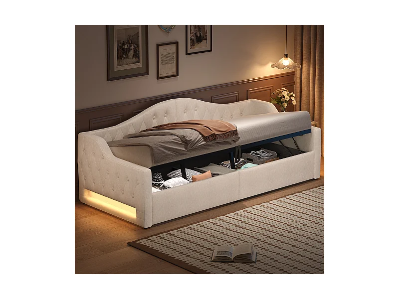 Kinder-Polsterschlafsofa – 90 x 200 cm – mit Stauraum + LEDs – MDF – beige