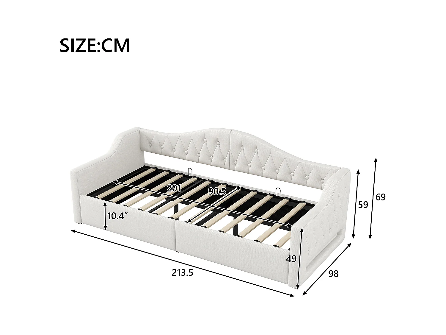 Gestoffeerde kinderslaapbank - 90 x 200 cm - met opbergruimte eronder + led-verlichting - MDF - beige