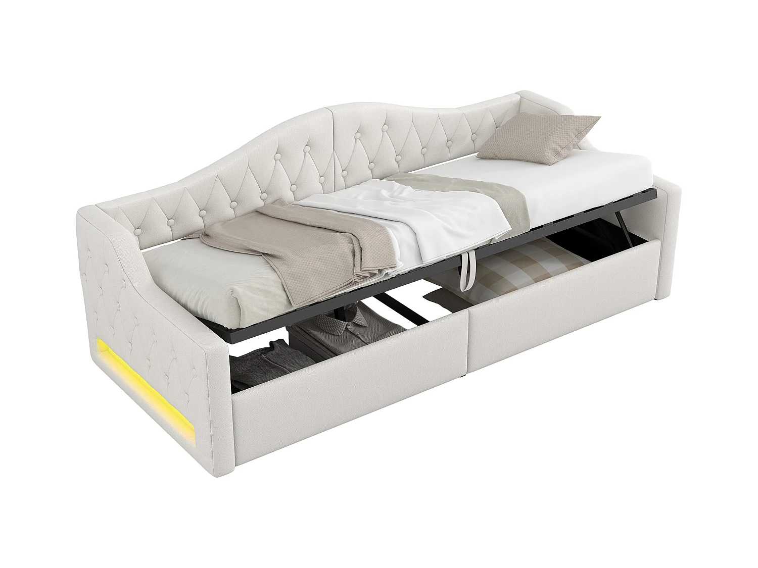 Gestoffeerde kinderslaapbank - 90 x 200 cm - met opbergruimte eronder + led-verlichting - MDF - beige