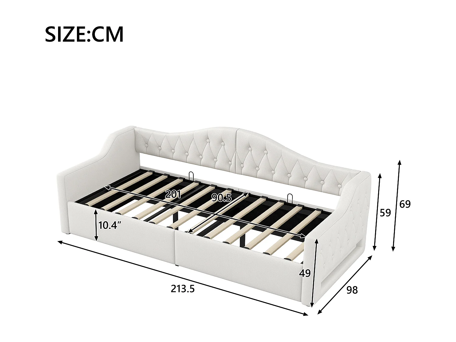 Gestoffeerde kinderslaapbank - 90 x 200 cm - met opbergruimte eronder + led-verlichting - MDF - beige