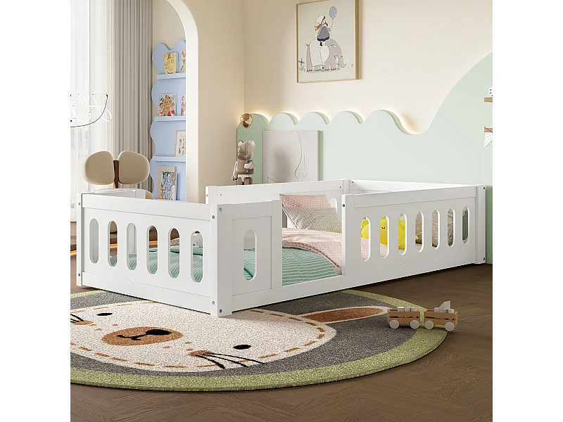 Cadre de lit plateforme en bois - 90 x 200 cm - avec garde-corps - sams sommier - bois + MDF -  blanc