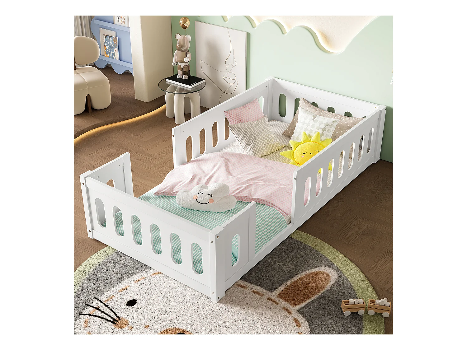 Cadre de lit plateforme en bois - 90 x 200 cm - avec garde-corps - sams sommier - bois + MDF -  blanc