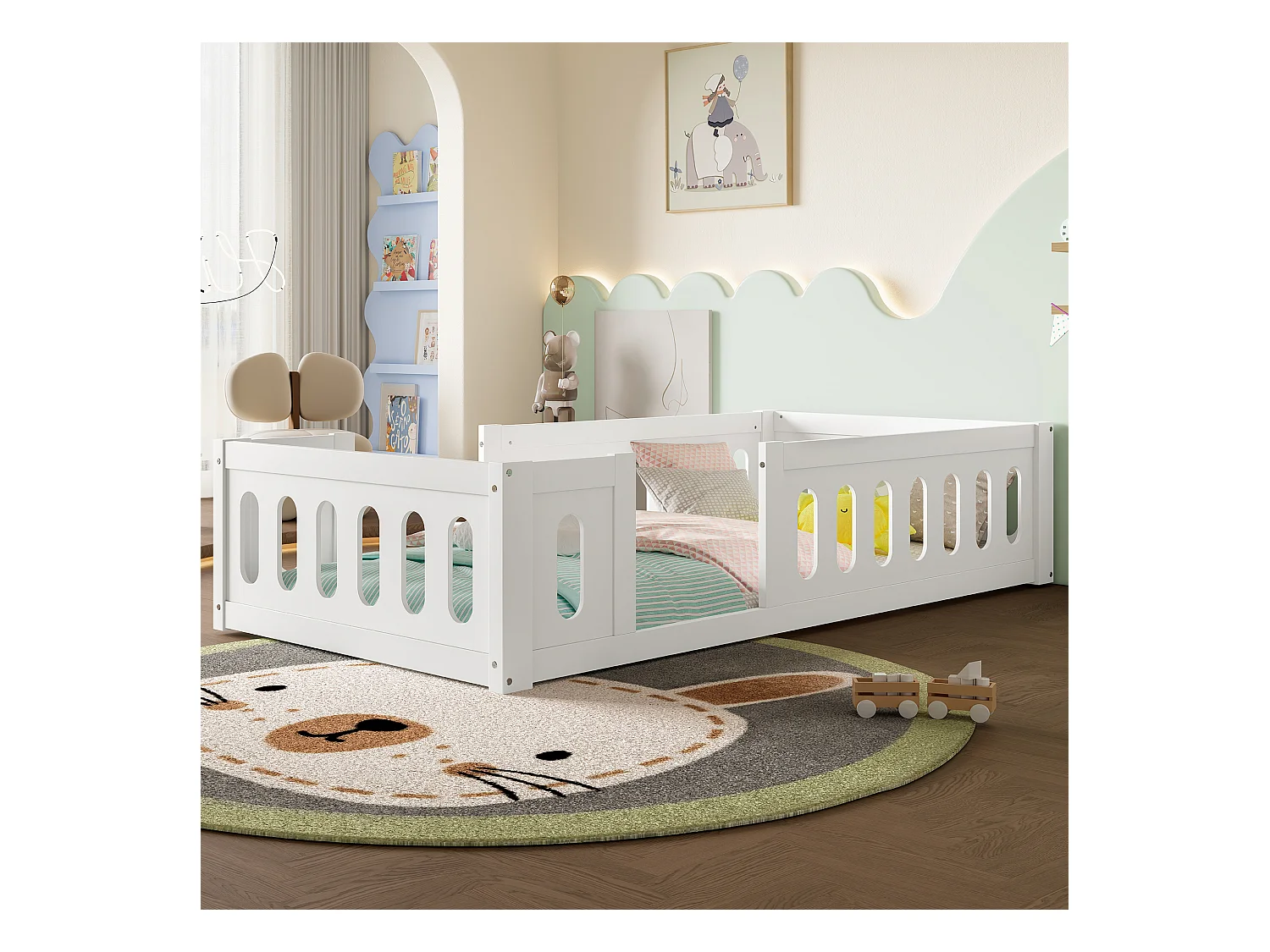 Cadre de lit plateforme en bois - 90 x 200 cm - avec garde-corps - sams sommier - bois + MDF -  blanc