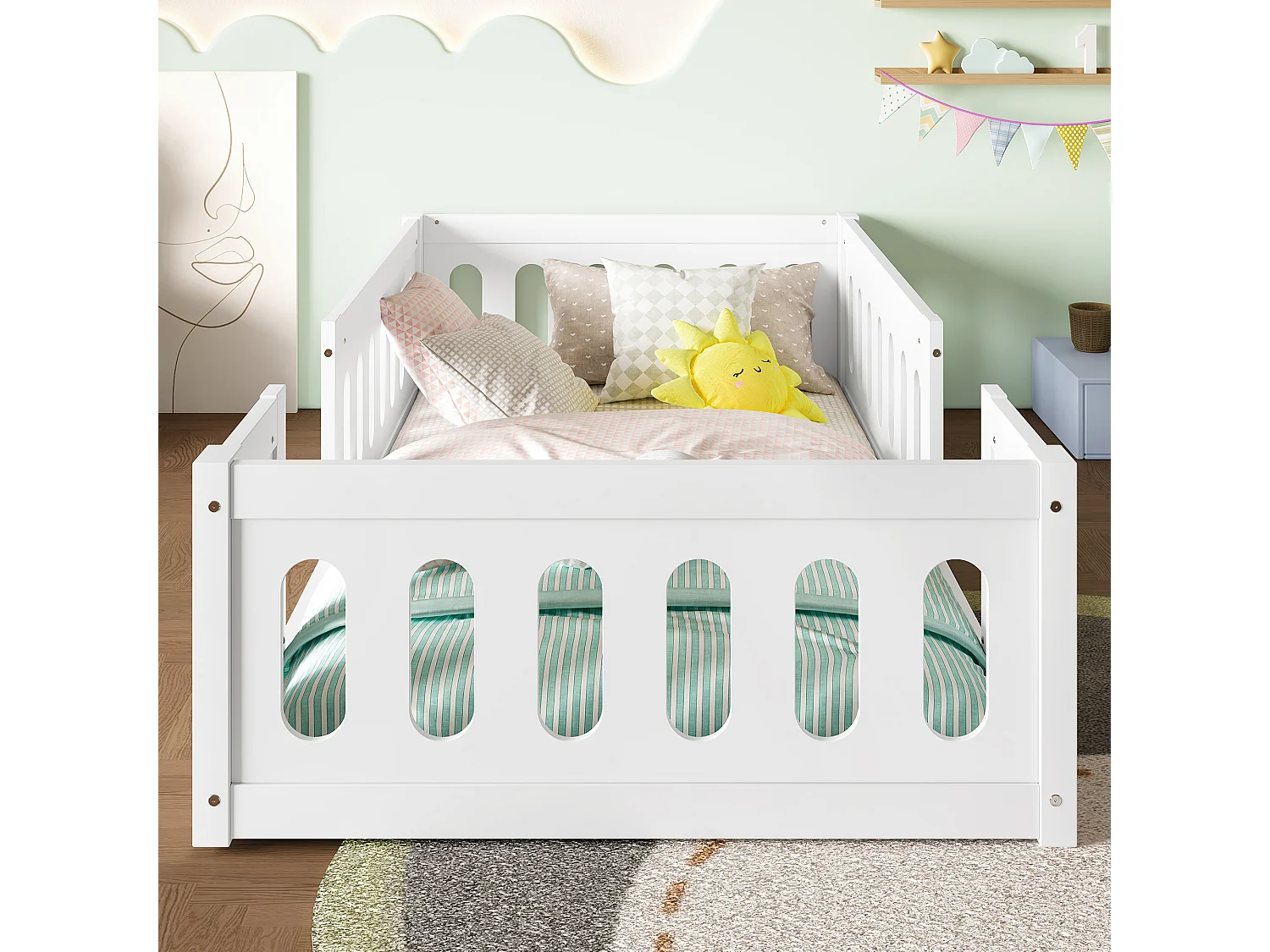 Cadre de lit plateforme en bois - 90 x 200 cm - avec garde-corps - sams sommier - bois + MDF -  blanc