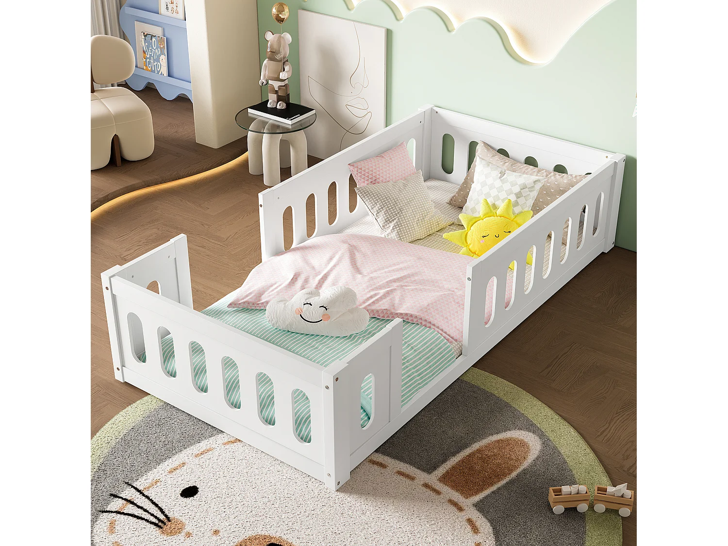 Cadre de lit plateforme en bois - 90 x 200 cm - avec garde-corps - sams sommier - bois + MDF -  blanc