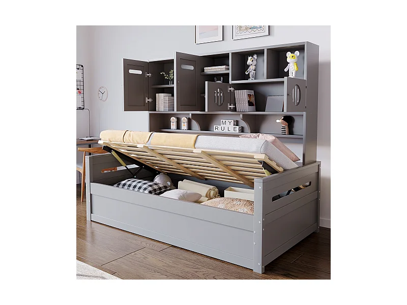 Kinder-Schlafsofa aus Holz – 90 x 200 cm – mit Ablagefach + hydraulischem Stauraum – Holz – grau