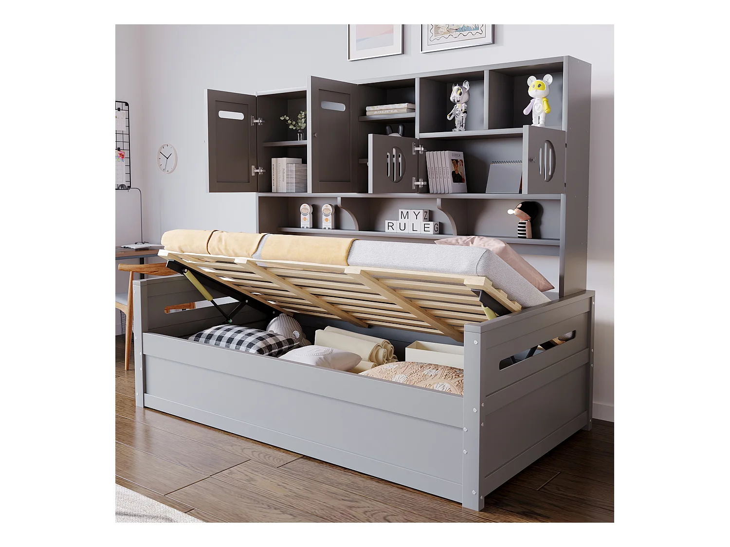 Kinder-Schlafsofa aus Holz – 90 x 200 cm – mit Ablagefach + hydraulischem Stauraum – Holz – grau