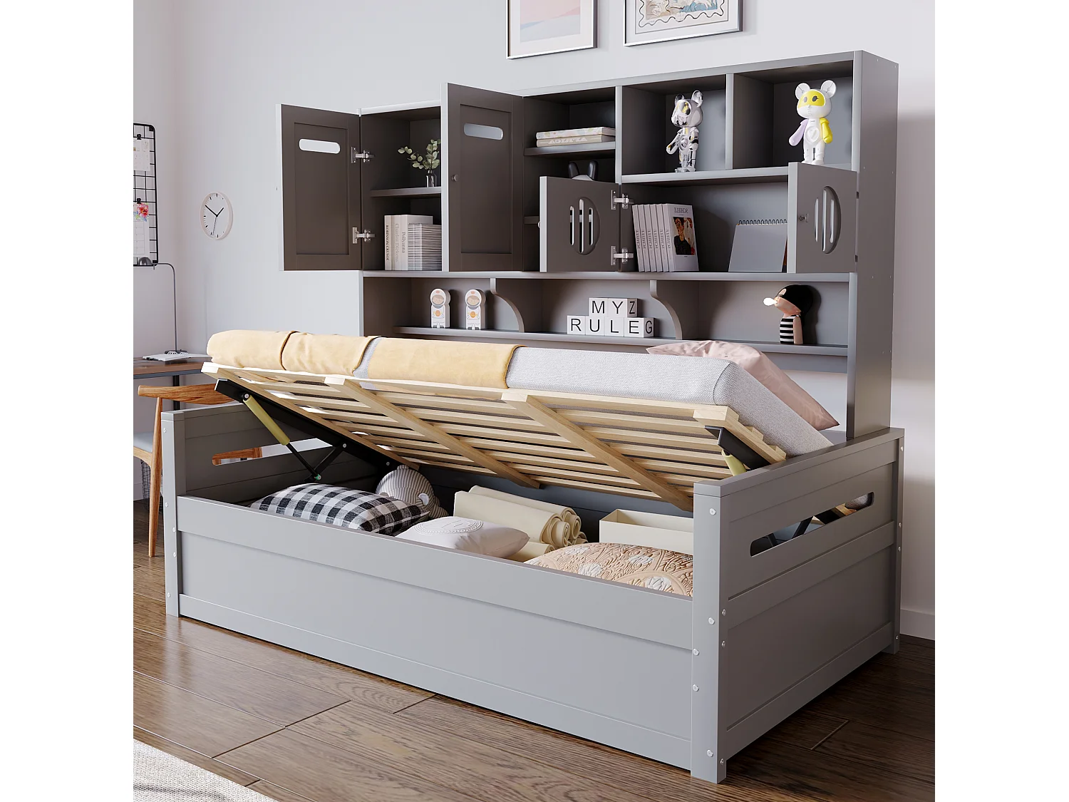 Sofá-cama infantil de madeira - 90 x 200 cm - com prateleira + compartimento hidráulico - madeira - cinza