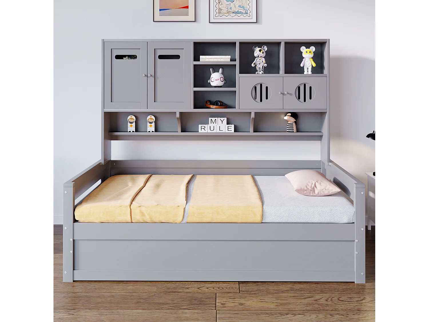 Sofá-cama infantil de madeira - 90 x 200 cm - com prateleira + compartimento hidráulico - madeira - cinza